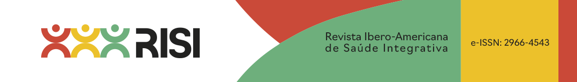 Logo of the Ibero-American Journal of Integrative Health (RISI) with three stylized human figures in red, yellow, and green, followed by the acronym “RISI” in black. On the right, the full name of the journal appears over a green background, and the e-ISSN: 2966-4543 is displayed over a yellow background.